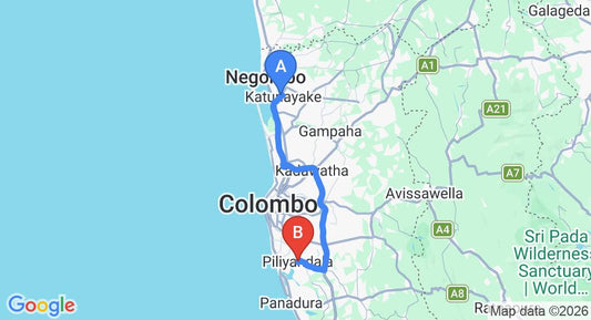 Driving route map: Colombo Airport (CMB) to Club Penthouse Island Resort, Piliyandala (63 km, approx 1 h 6 min private transfer)