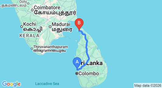Driving route map: Colombo Airport (CMB) to Taprospa Palm Leaves, Jaffna (373 km, approx 7 h 16 min private transfer)