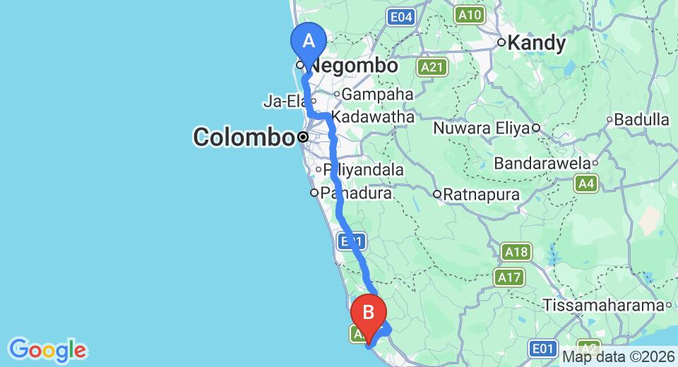 Driving route map: Colombo Airport (CMB) to Villa Saffron Hikkaduwa, Hikkaduwa (144 km, approx 2 h 8 min private transfer)