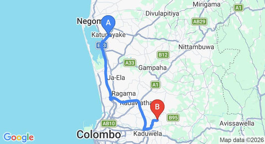 Driving route map: Colombo Airport (CMB) to Hotel P.T. Gardens, Biyagama (43 km, approx 49 min private transfer)