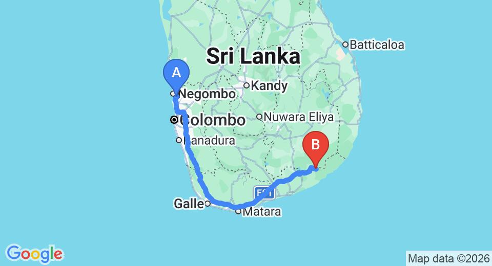 Driving route map: Colombo Airport (CMB) to Yala Wana Arana Resort, Kataragama (290 km, approx 3 h 54 min private transfer)