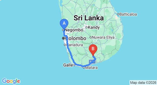 Driving route map: Colombo Airport (CMB) to Centauria Lake Resort, Embilipitiya (245 km, approx 3 h 15 min private transfer)