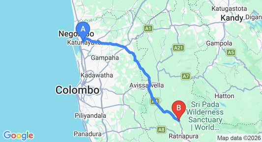 Driving route map: Colombo Airport (CMB) to Kuruwita (84 km, approx 2 h 24 min private transfer)