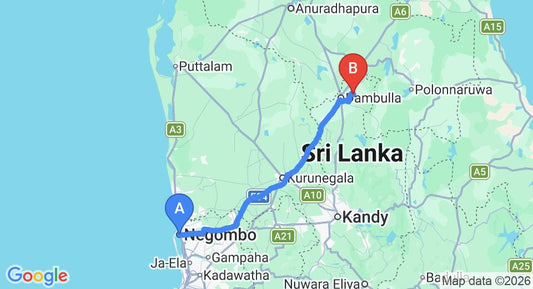 Driving route map: Negombo to Kandalama (142 km, approx 3 h 4 min private transfer)