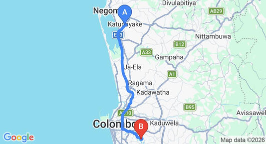 Driving route map: Colombo Airport (CMB) to Alankara Villa, Battaramulla (39 km, approx 55 min private transfer)