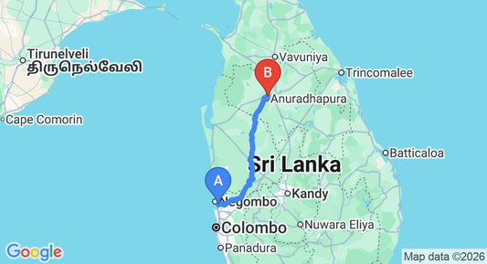 Driving route map: Colombo Airport (CMB) to Ashok Hotel, Anuradhapura (176 km, approx 3 h 49 min private transfer)