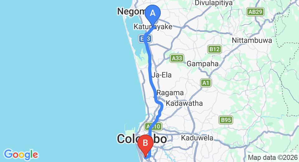 Driving route map: Colombo Airport (CMB) to ME Colombo Hotel, Colombo (36 km, approx 51 min private transfer)