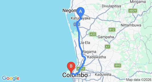 Driving route map: Colombo Airport (CMB) to Colombo City Hotel, Colombo (34 km, approx 44 min private transfer)