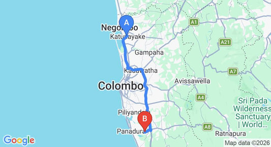 Driving route map: Colombo Airport (CMB) to Citrus Aqua, Bolgoda (68 km, approx 1 h 7 min private transfer)