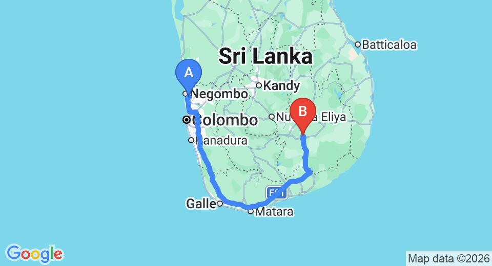 Driving route map: Colombo Airport (CMB) to Jetwing Kaduruketha, Wellawaya (313 km, approx 4 h 20 min private transfer)