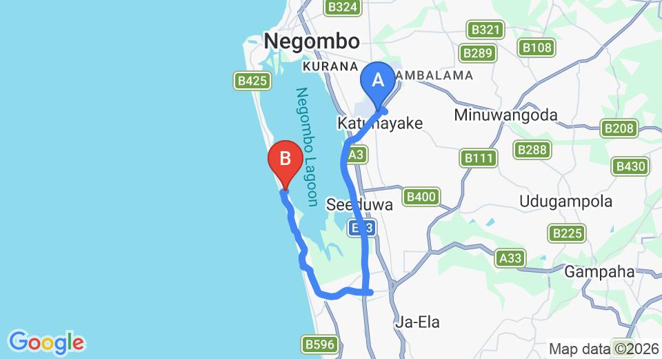 Driving route map: Colombo Airport (CMB) to Hotel Villa Rosita, Negombo (21 km, approx 34 min private transfer)
