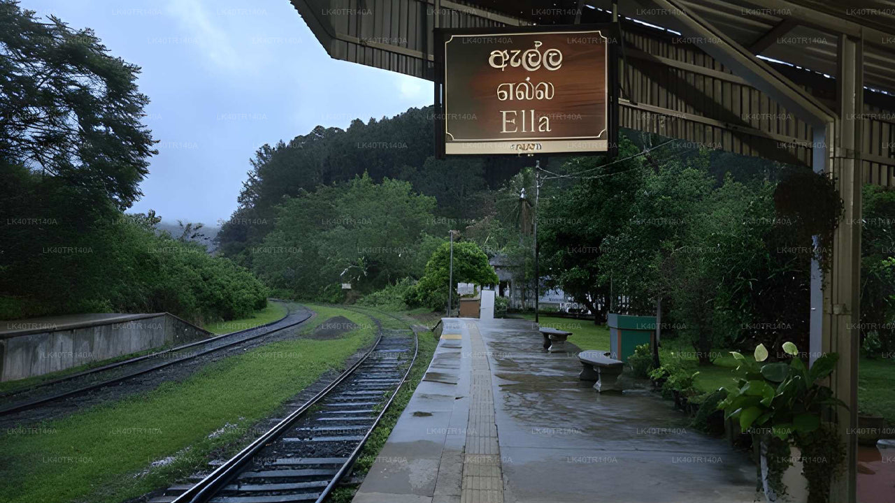 Station platform with a sign reading 'Ella' surrounded by greenery