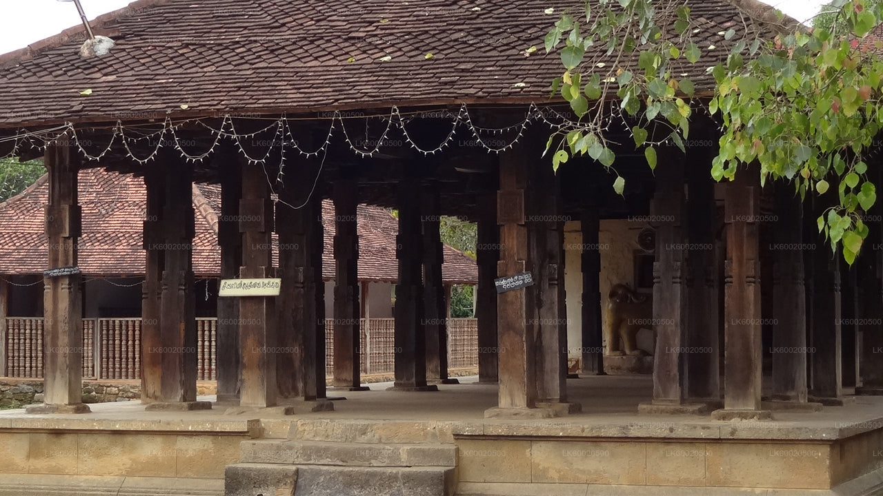 Traditional wooden structure with a thatched roof in a serene setting