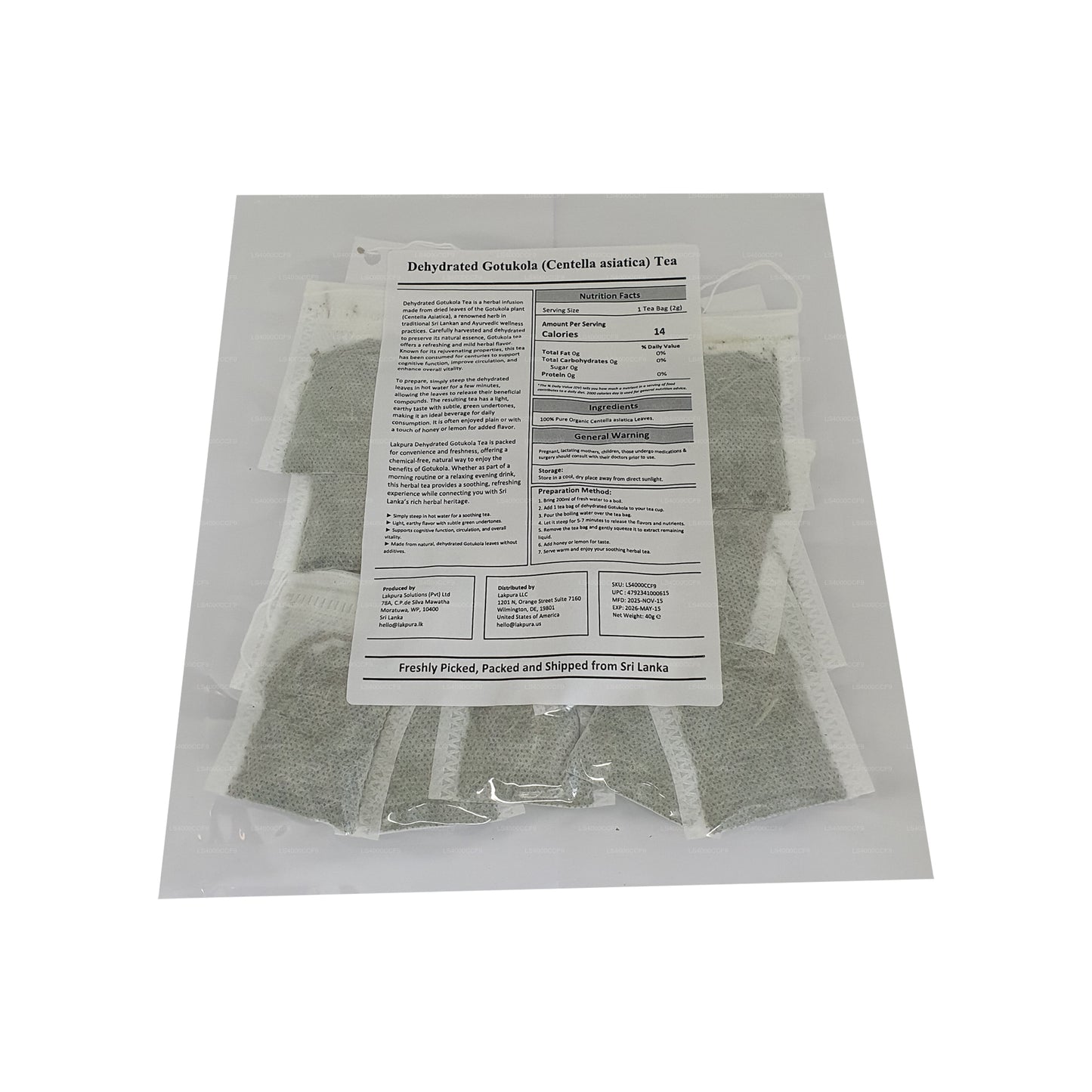 Lakpura® Dehydrated Gotukola Tea Bags (40g) 20 Tea Bags