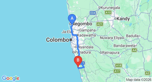Driving route map: Colombo Airport (CMB) to Tropical Villas, Beruwala (108 km, approx 1 h 42 min private transfer)