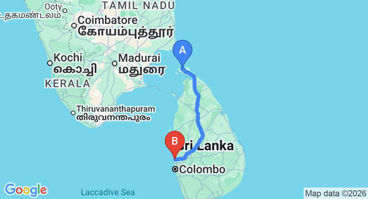 Driving route map: Jaffna (JAF) Airport to Negombo (384 km, approx 7 h 32 min private transfer)