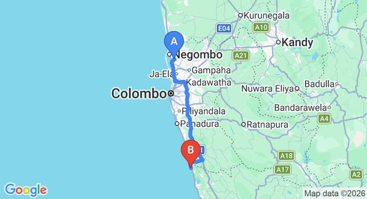 Driving route map: Colombo Airport (CMB) to Saman Villa, Bentota (111 km, approx 1 h 46 min private transfer)
