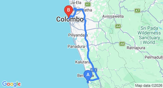 Driving route map: Bentota to Colombo Seaport (103 km, approx 1 h 38 min private transfer)