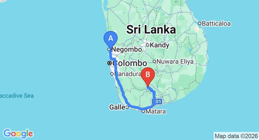 Driving route map: Colombo Airport (CMB) to Suriyakanda (265 km, approx 4 h 17 min private transfer)
