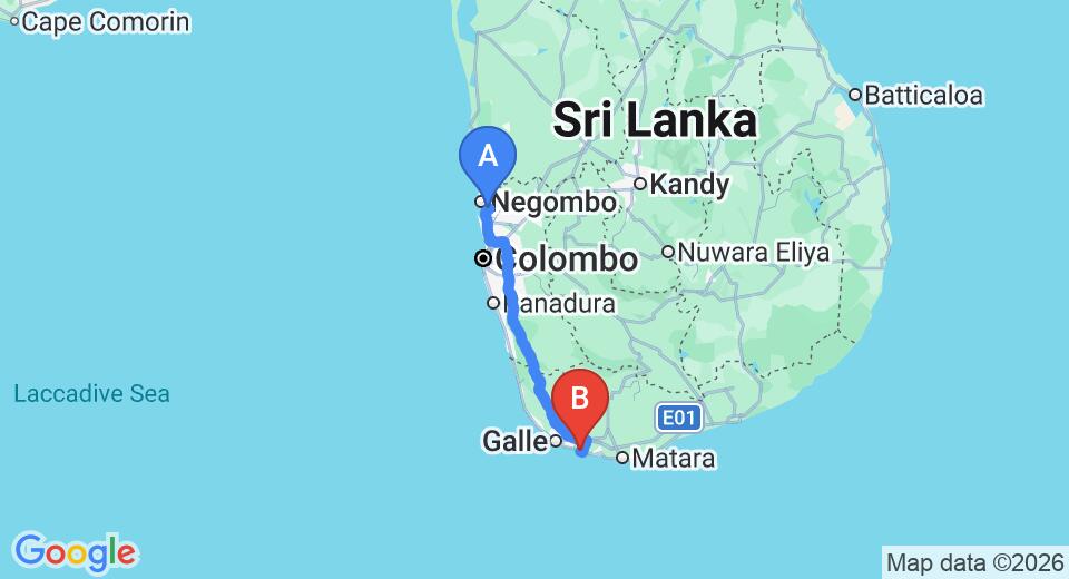 Driving route map: Colombo Airport (CMB) to South Beach Resort, Ahangama (166 km, approx 2 h 21 min private transfer)
