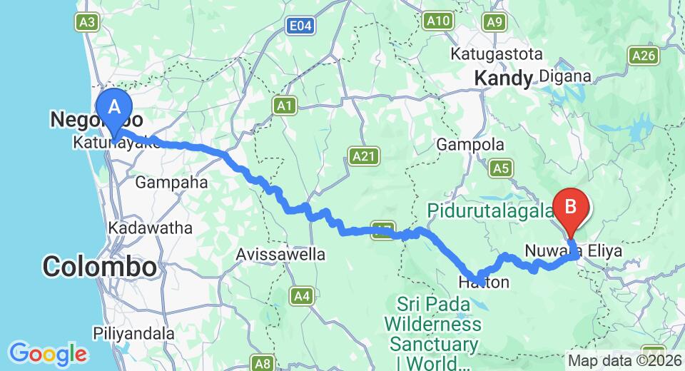 Driving route map: Colombo Airport (CMB) to King Fern Cottage, Nuwara Eliya (155 km, approx 4 h 49 min private transfer)