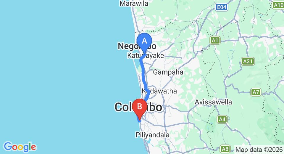 Driving route map: Colombo Airport (CMB) to Great Southern Hotel (GSH), Colombo (40 km, approx 1 h 0 min private transfer)