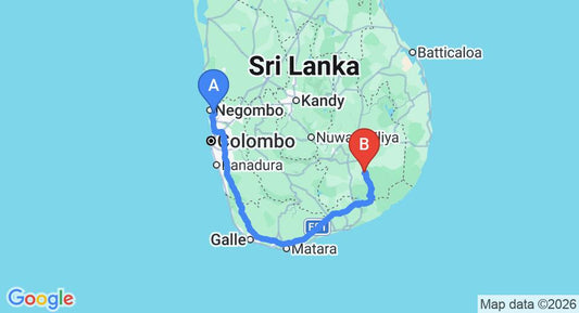 Driving route map: Colombo Airport (CMB) to Galapita Eco Lodge, Yala (314 km, approx 4 h 18 min private transfer)