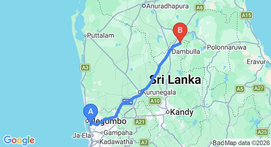 Driving route map: Colombo Airport (CMB) to EKHO Sigirya, Sigiriya (145 km, approx 3 h 10 min private transfer)