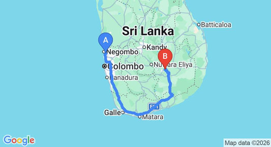 Driving route map: Colombo Airport (CMB) to Ella Retreat Glamping Tent for Nature Lovers, Ella (339 km, approx 5 h 10 min private transfer)