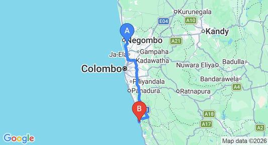Driving route map: Colombo Airport (CMB) to Hotel Bentota Village, Bentota (110 km, approx 1 h 44 min private transfer)