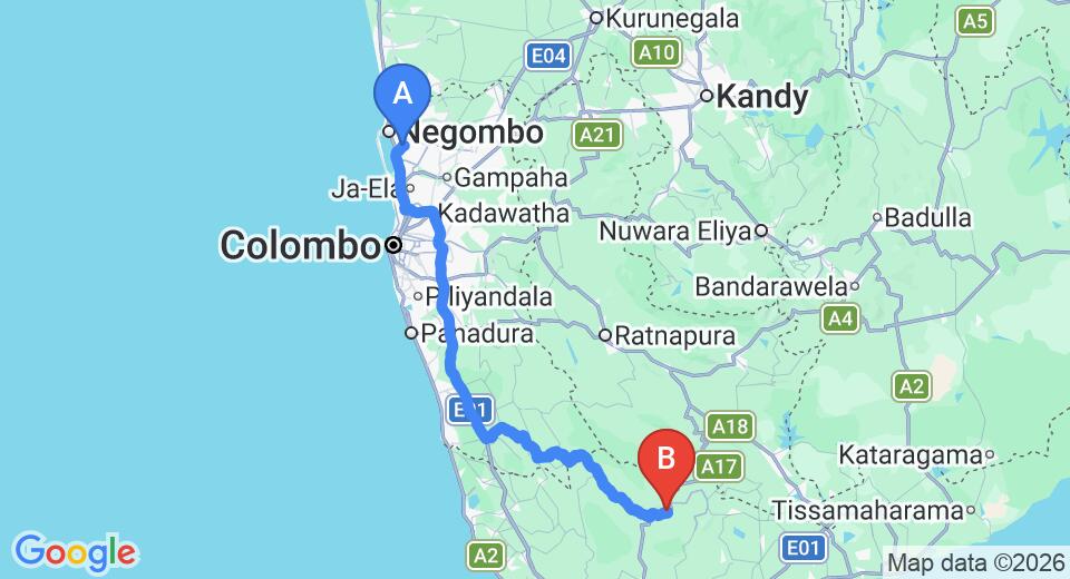 Driving route map: Colombo Airport (CMB) to Lands End Holiday Bungalow, Matara (173 km, approx 3 h 23 min private transfer)
