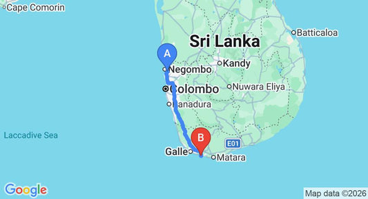 Driving route map: Colombo Airport (CMB) to Azure Beach Villa, Ahangama (166 km, approx 2 h 24 min private transfer)