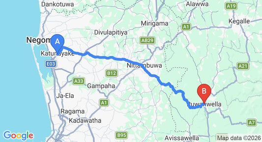 Driving route map: Colombo Airport (CMB) to Ruwanwella (54 km, approx 1 h 38 min private transfer)