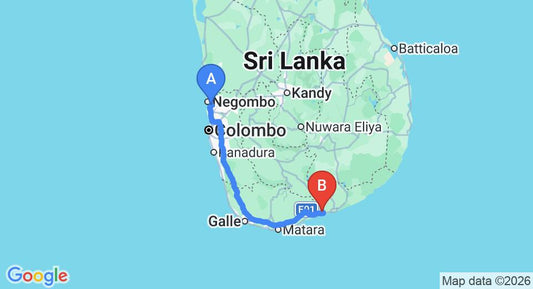 Driving route map: Colombo Airport (CMB) to Nonagama (236 km, approx 3 h 14 min private transfer)