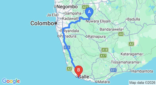 Driving route map: Kitulgala to Unawatuna (179 km, approx 3 h 44 min private transfer)