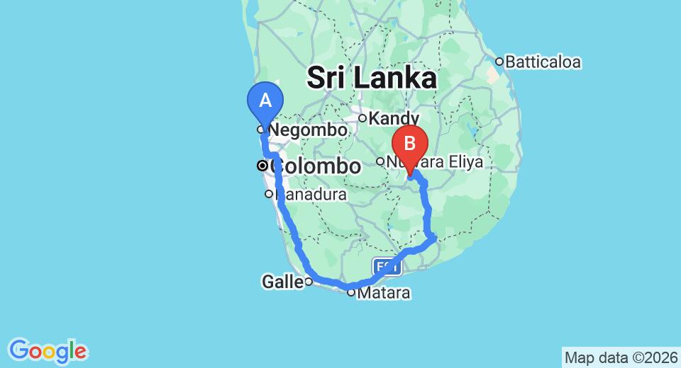 Driving route map: Colombo Airport (CMB) to Hotel Lion Inn, Bandarawela (345 km, approx 5 h 15 min private transfer)