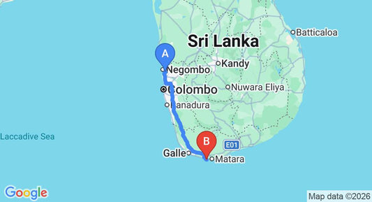 Driving route map: Colombo Airport (CMB) to Esprit d'Ici Hotel, Mirissa (178 km, approx 2 h 35 min private transfer)
