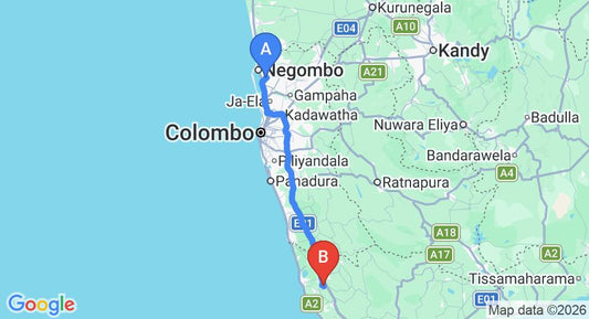 Driving route map: Colombo Airport (CMB) to Nawalakanda Holiday Resort, Elpitiya (122 km, approx 1 h 46 min private transfer)