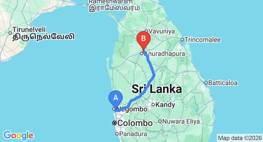 Driving route map: Colombo Airport (CMB) to Nuwarawewa Villa, Anuradhapura (190 km, approx 3 h 55 min private transfer)