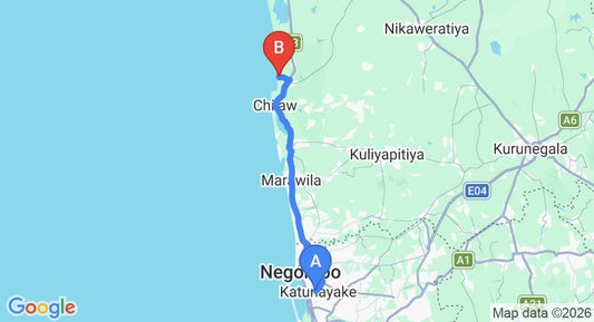 Driving route map: Colombo Airport (CMB) to Anantaya Resort and Spa, Chilaw (63 km, approx 1 h 47 min private transfer)