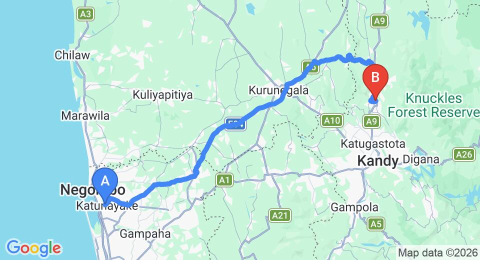 Driving route map: Colombo Airport (CMB) to Sesatha Hotel, Matale (127 km, approx 3 h 3 min private transfer)