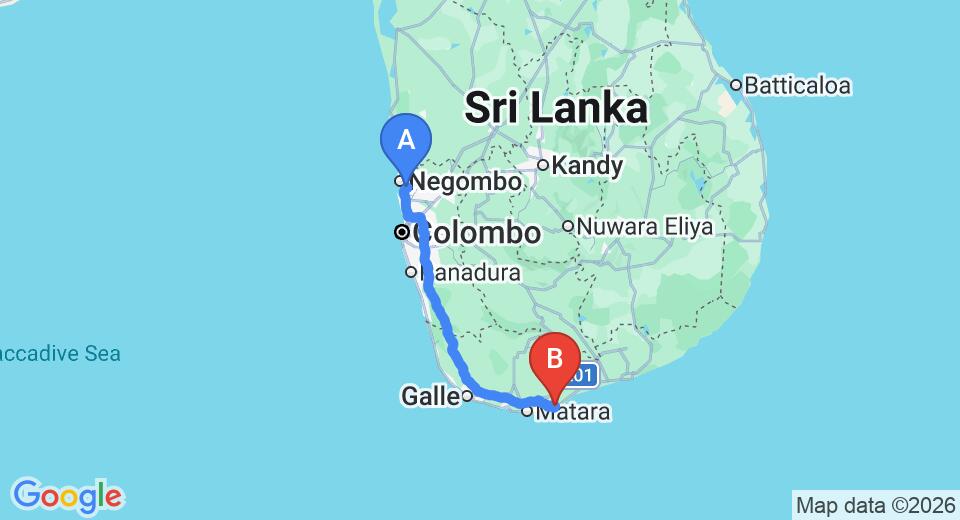 Driving route map: Colombo Airport (CMB) to Underneath The Mango Tree - Beach and Spa Resort, Dikwella (200 km, approx 2 h 51 min private transfer)