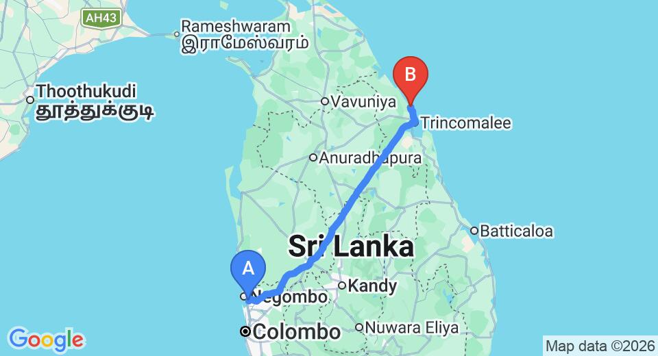 Driving route map: Colombo Airport (CMB) to Pigeon Island Beach Resort, Trincomalee (251 km, approx 5 h 11 min private transfer)