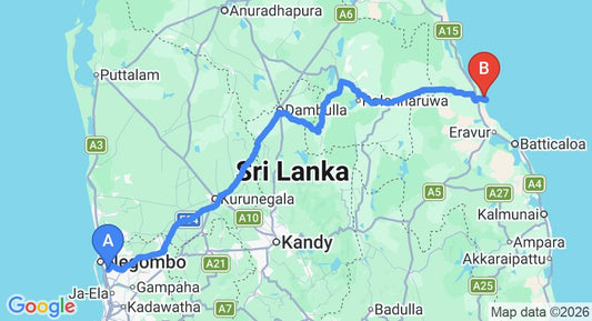 Driving route map: Colombo Airport (CMB) to The Calm Resort and Spa, pasikuda (268 km, approx 5 h 29 min private transfer)