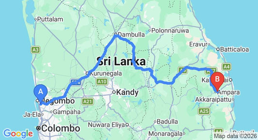 Driving route map: Colombo Airport (CMB) to Ariyawan Rest, Ampara (324 km, approx 6 h 29 min private transfer)