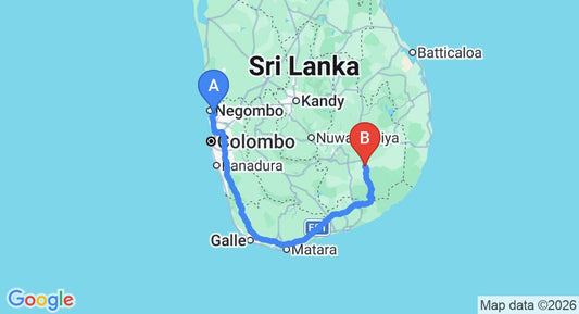 Driving route map: Colombo Airport (CMB) to Galapita Sanctuary, Buttala (320 km, approx 4 h 22 min private transfer)