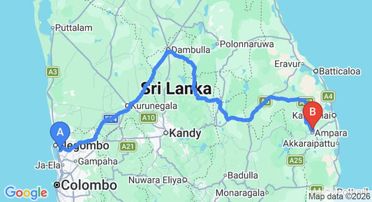 Driving route map: Colombo Airport (CMB) to Rajawewa Lake Resort, Ampara (322 km, approx 6 h 24 min private transfer)