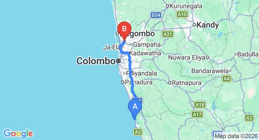 Driving route map: Kosgoda to Kotugoda (114 km, approx 1 h 56 min private transfer)
