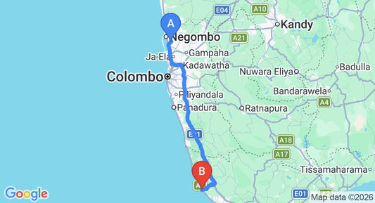 Driving route map: Colombo Airport (CMB) to Lawrence Hill Paradise, Hikkaduwa (143 km, approx 2 h 8 min private transfer)