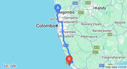 Driving route map: Colombo Airport (CMB) to Lavanga Resort and Spa, Hikkaduwa (144 km, approx 2 h 8 min private transfer)